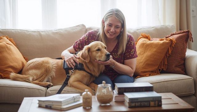 Woman Relaxing with Service Dog on Comfortable Sofa
