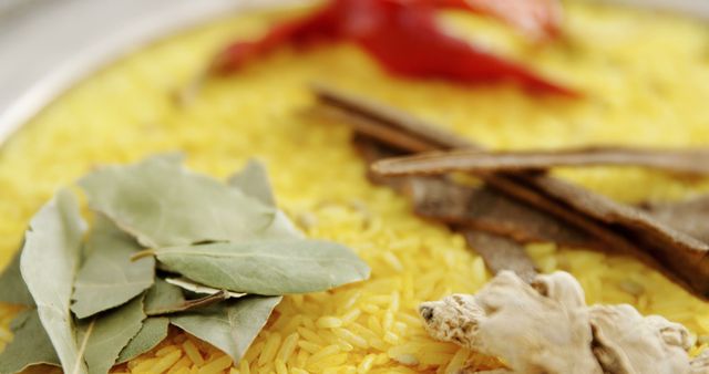 Close-up of Yellow Rice with Spices and Bay Leaves - Download Free Stock Images Pikwizard.com
