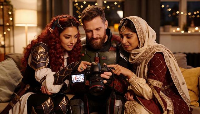 Cosplayers reviewing dslr footage on couch in festive living room with diverse costumes