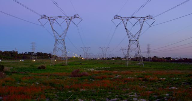 Power lines and tall transmission towers extend across a countryside landscape at dusk, with an evening sky providing a serene backdrop. This image captures the essential infrastructure of the electrical grid and can be used in contexts related to energy, technology, and rural sceneries, as well as in discussions about power supply and environmental impact.