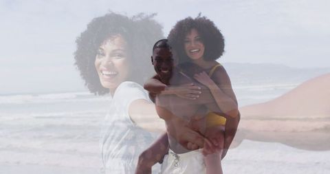 Joyful African Couple Piggybacking on Beach, Memory Collage