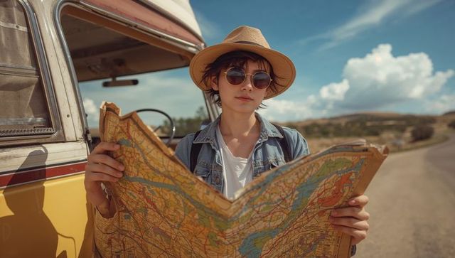 Young traveler reading map beside vintage camper on sunlit rural roadtrip adventure