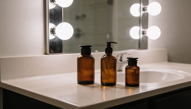 Amber glass bottles catching warm vanity light on bathroom countertop mirror
