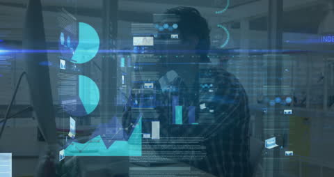 Businessman Analyzing Data with Futuristic Interface Overlays