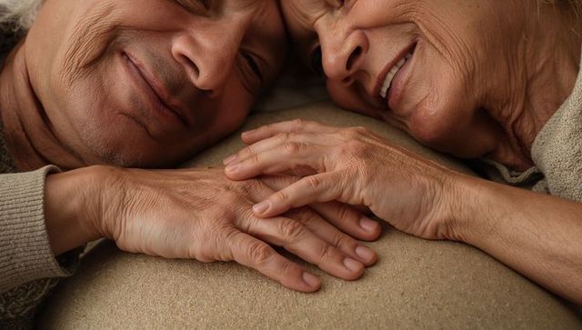 Senior couple holding interlaced hands on soft cushion, sharing tender companionship