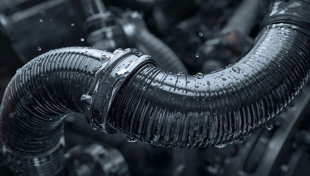Curving glossy black corrugated hose featuring metal clamp, ribbed tube and droplets
