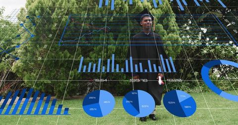 Graduate holding diploma on campus with blue data visualization overlays for stem careers