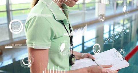 Lifeguard recording pool data on clipboard with whistle and digital analytics overlay