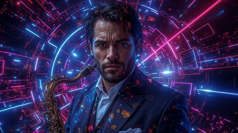 Futuristic Jazz Musician with Neon Circuit Backdrop
