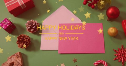 Festive holiday greeting envelopes and decor
