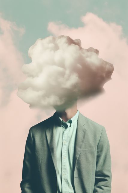 Man with face covered by cloud on blue background, created using generative ai technology. Faceless person, anonymity and colour concept digitally generated image.