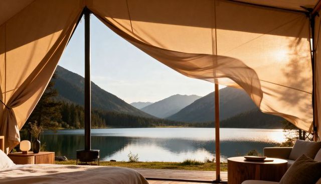 Sunlit lakeside glamping tent opening onto calm mountain lake at golden hour, serene interior