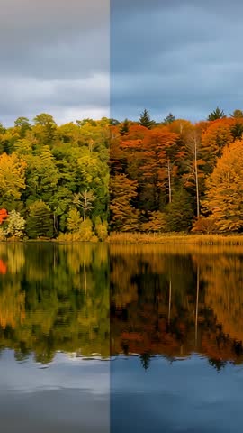 Vertical video of drifting cloud shadows over lake with split green and autumn reflections