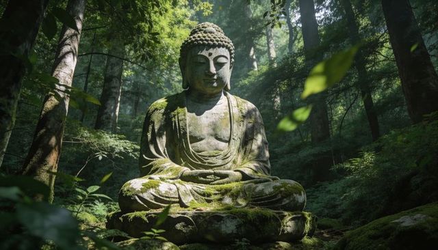 Sitting moss-covered buddha statue receiving sunbeams in ancient woodland for meditation
