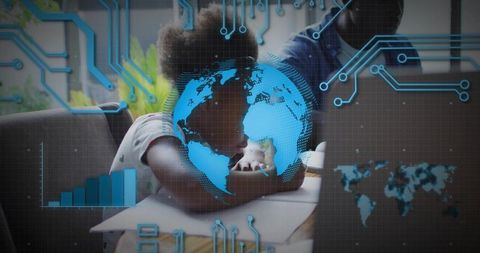Child writing at home with parent tutoring, holographic globe overlay for remote learning