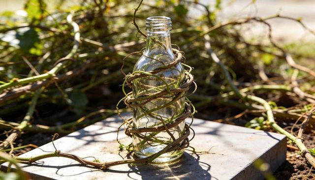 Sunlit glass bottle wrapped by spiraling vine tendrils on weathered garden stone slab