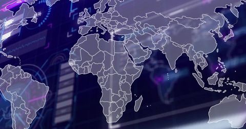 Futuristic Neon World Map HUD Overlay Highlighting Africa Europe Asia Data Visualization