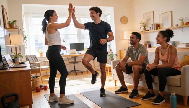 Friends high-fiving while balancing on one leg during sunlit home workout session
