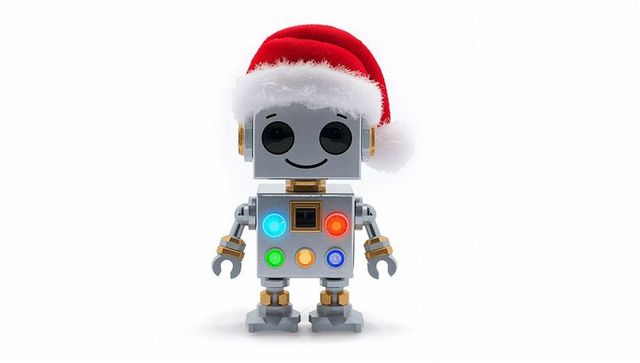 Festive toy robot wearing santa hat showing colorful led lights on chrome chest
