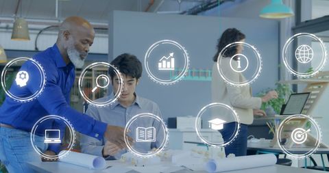 Technology Collaboration in Modern Workspace with Digital Interfaces