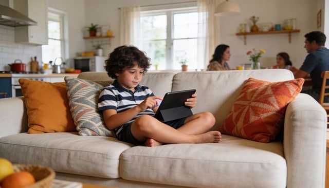 Boy using tablet on cozy sofa in open-plan kitchen living area with family