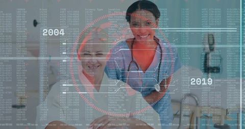 Smiling Nurse with Patient Timeline Analysis in Clinic