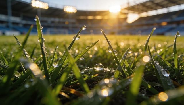 Dew-covered stadium turf sparkling at sunrise with golden bokeh and backlit droplets