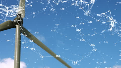 Digital Network Overlay on Wind Turbine Against Blue Sky