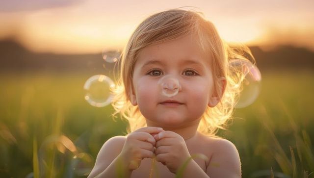 Toddler with Soap Bubbles at Sunset in Meadow