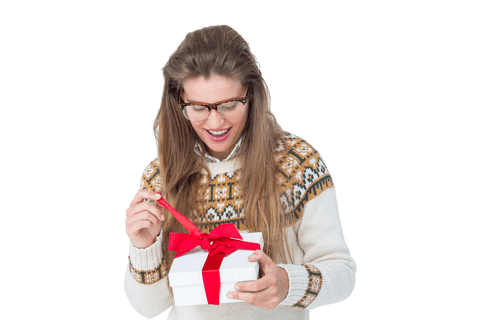 Caucasian Woman Celebrating with Red Ribbon Gift on Transparent Background