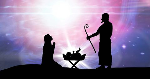 Silhouette Nativity Scene Under Stellar Sky