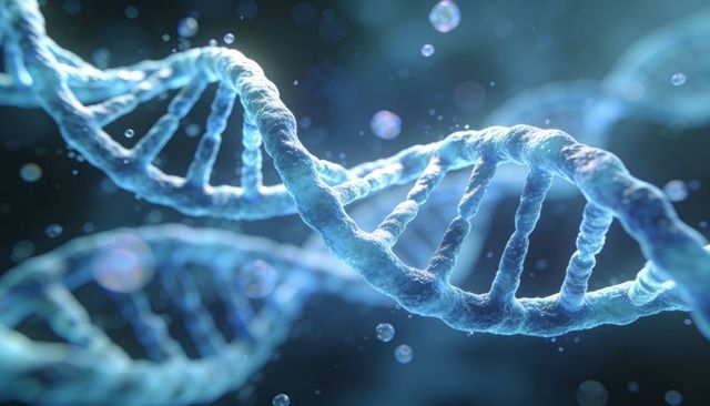 Glowing dna double helix floating in microscopic molecular environment for genetics research