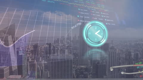 Digital Clock and Data Overlays in Cityscape Background