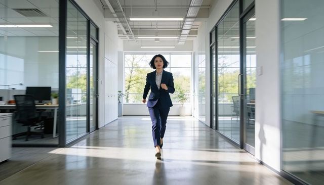 Businesswoman sprinting through modern glass office corridor showing leadership and urgency