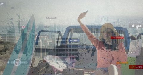 Young Woman Taking Selfie Amid Digital Overlay Urban Setting