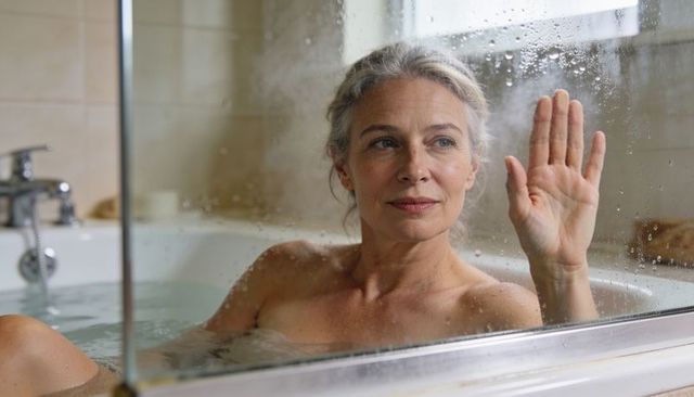 Mature woman relaxing in bathtub touching wet glass while gazing through window light