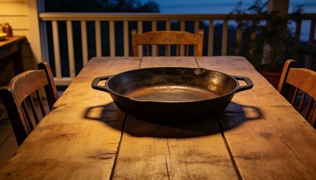 Resting cast-iron pan on rustic wide-plank porch table at dusk with warm lamp glow