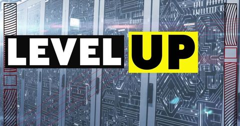 Digital transformation concept with level up text over servers
