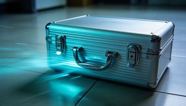 Resting aluminum briefcase glowing with teal light trails and reflective metal latches