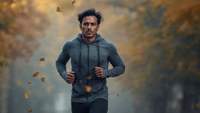 Athletic man running through autumn forest path with falling leaves and intense focus