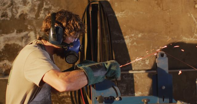 Caucasian male blacksmith wearing breathing mask forging metal tool in workshop - Download Free Stock Photos Pikwizard.com