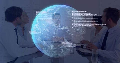 Projecting Global Hologram Over Boardroom Table Corporate Team Collaborating on Data