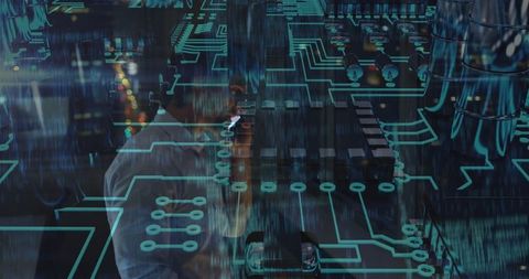 It engineer engaging amidst futuristic neon circuitry hologram