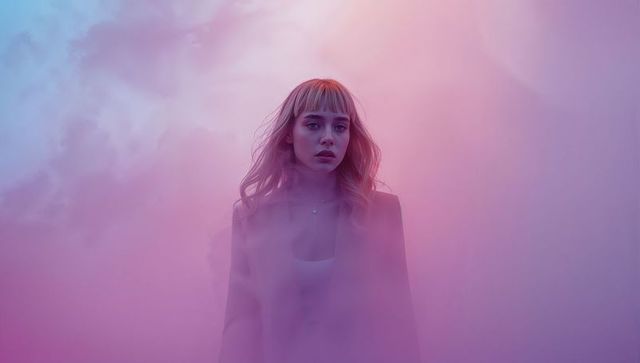 Woman in Pink Purple Mist Showcasing Abstract Elegance