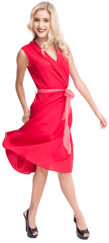 Confident caucasian woman in red dress on transparent background