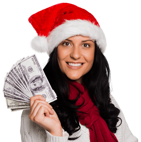 Smiling Woman Santa Hat Holding Money Transparent Background