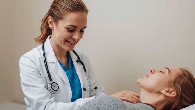 Female doctor palpating patient neck during calm medical exam in minimalist private clinic