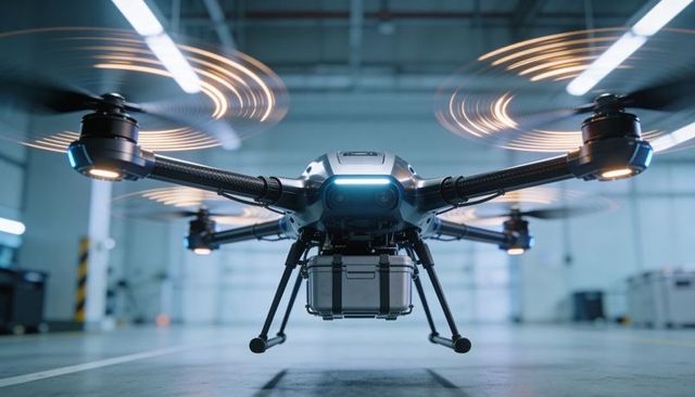Industrial Delivery Drone Hovering with Spinning Rotors and Secured Cargo Case in Hangar