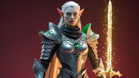 Elf Warrior Holding Radiant Golden Sword in Majestic Armor