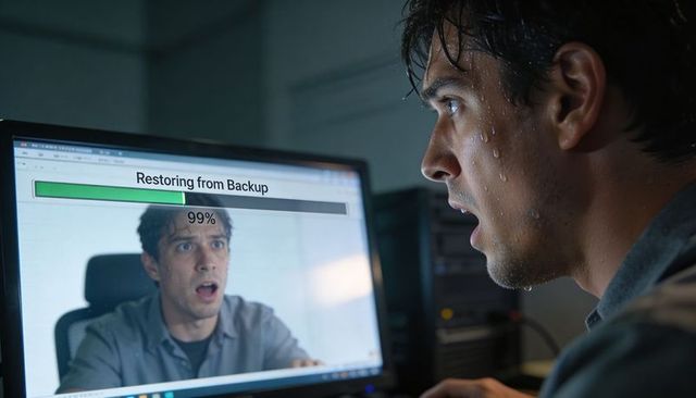 IT technician watching critical backup restore reaching 99% while sweating under pressure